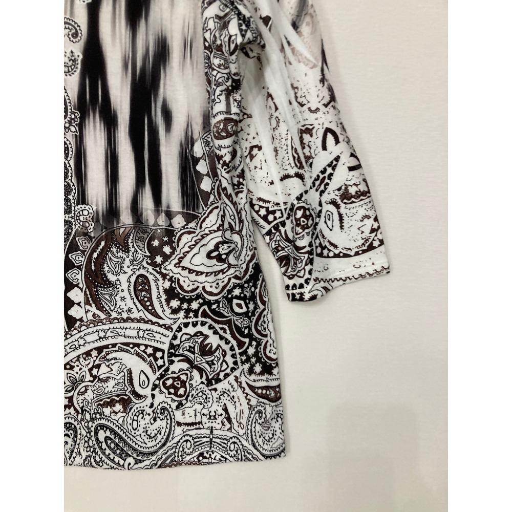 World Unity Top XL Brown White Paisley Ikat V-Neck Rhinestone 3/4 Sleeve Boho - Picture 2 of 8